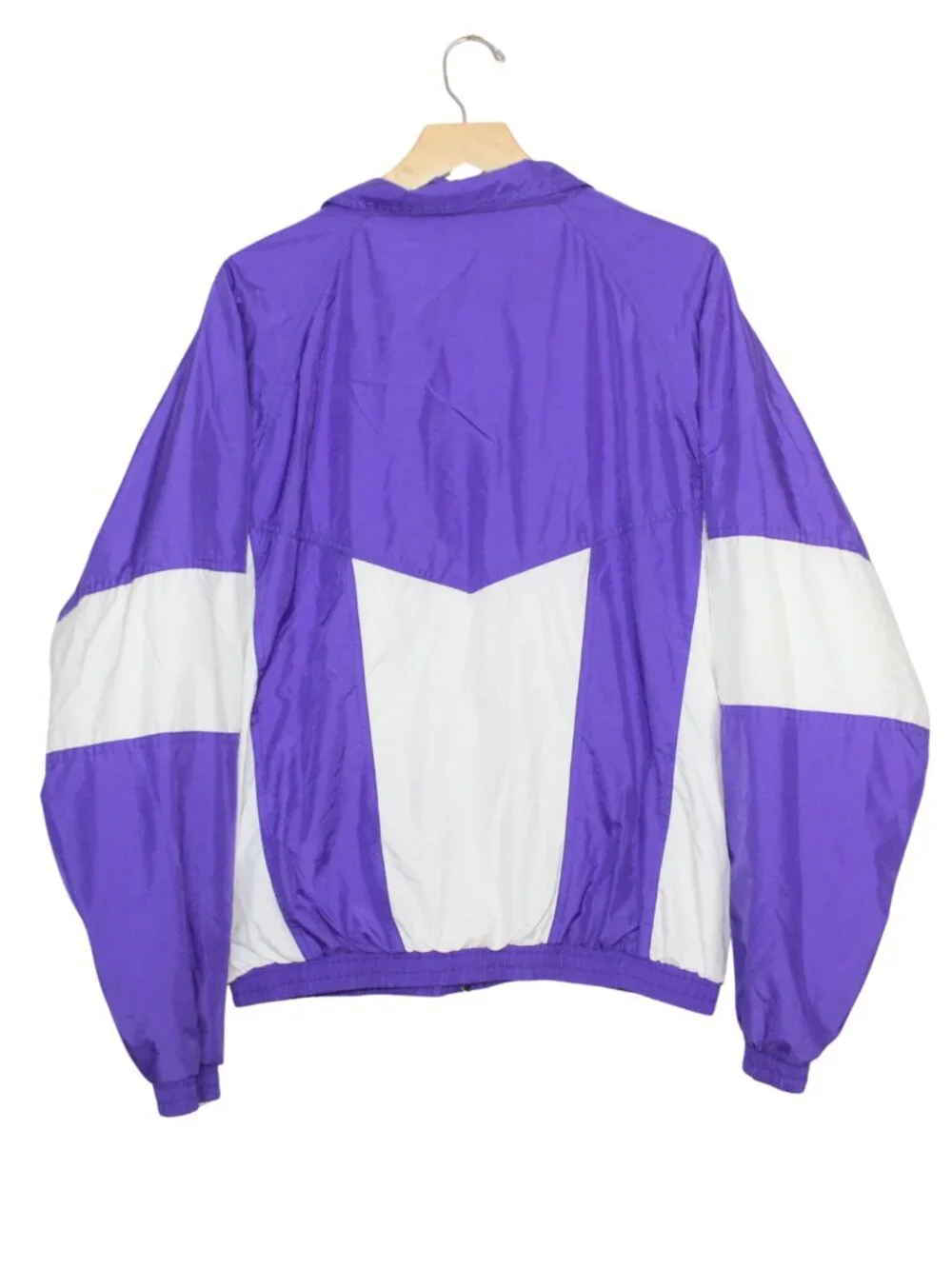Vintage 90s sport varsity windbreaker jacket purple white zip front sports wear